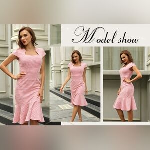 Womens Elegant Cap Sleeve Fishtail Midi Tweed Bodycon Dress Size M